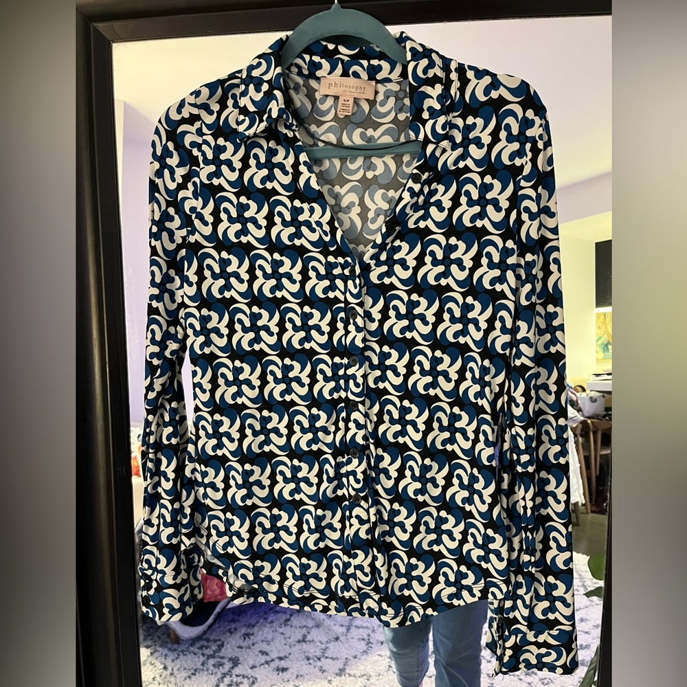 Philosophy Blue, White and Black Retro Long Sleeve Button Down Shirt ~ Size S
